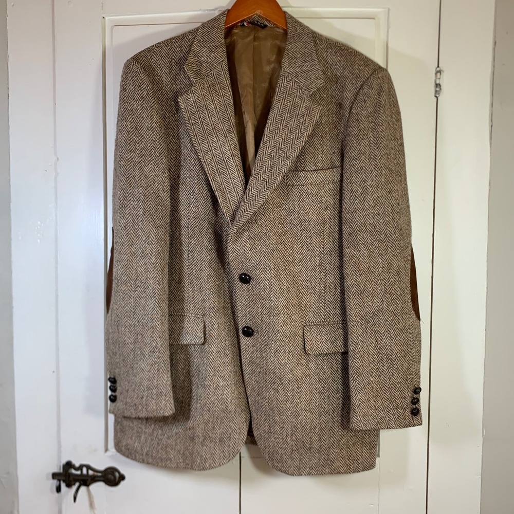 Harris Tweed Mens Herringbone Wool Blazer Brown Suede Elbow Patches USA Made